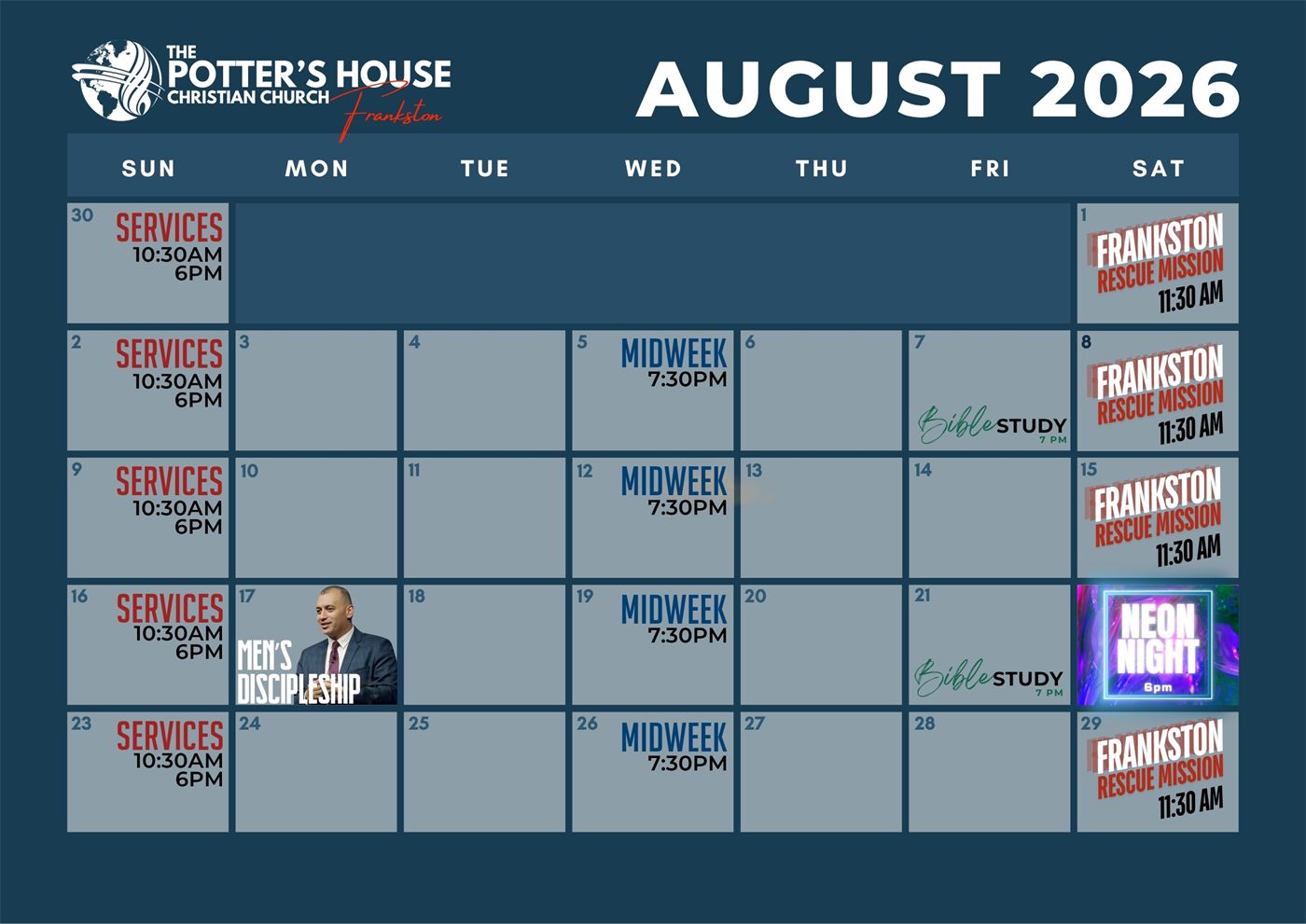 This month's church calendar for The Potter's House Frankston, showing services and events on each day